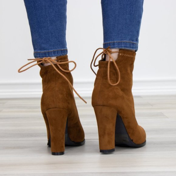 Round Toe Tan Suede Ankle Heeled Boots - Picture 6 of 7